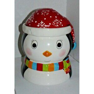 Vintage Ceramic Cookie Jar Smiling Penguin w Cap & Scarf  Real Home Earthenware